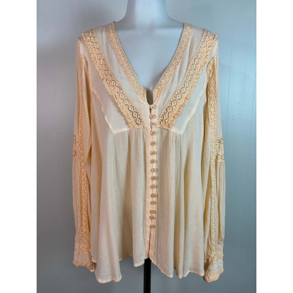 Lola P. Blouse Medium Orange Crochet Lace Button Front Boho Tunic Top Women